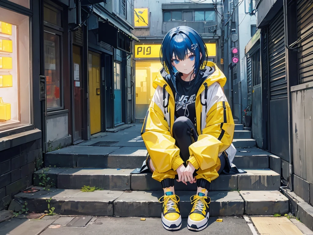 Girl with black and blue hair wearing a yellow jacket and high top shoes sitting on stairs in a cyberpunk city in an alley with some shops and neon signs