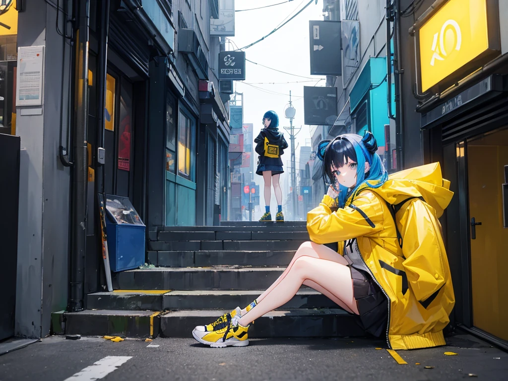 Girl with black and blue hair wearing a yellow jacket and high top shoes sitting on stairs in a cyberpunk city in an alley with some shops and neon signs