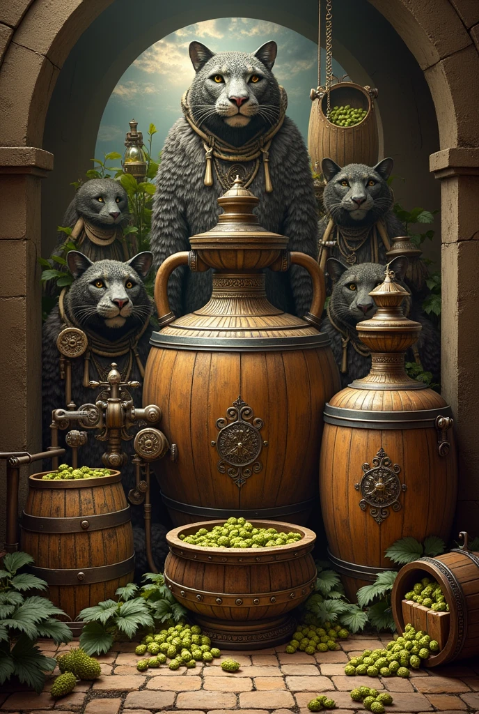 History of craft beer making machines with hops and barrels with indigenous god and mythological jaguars
