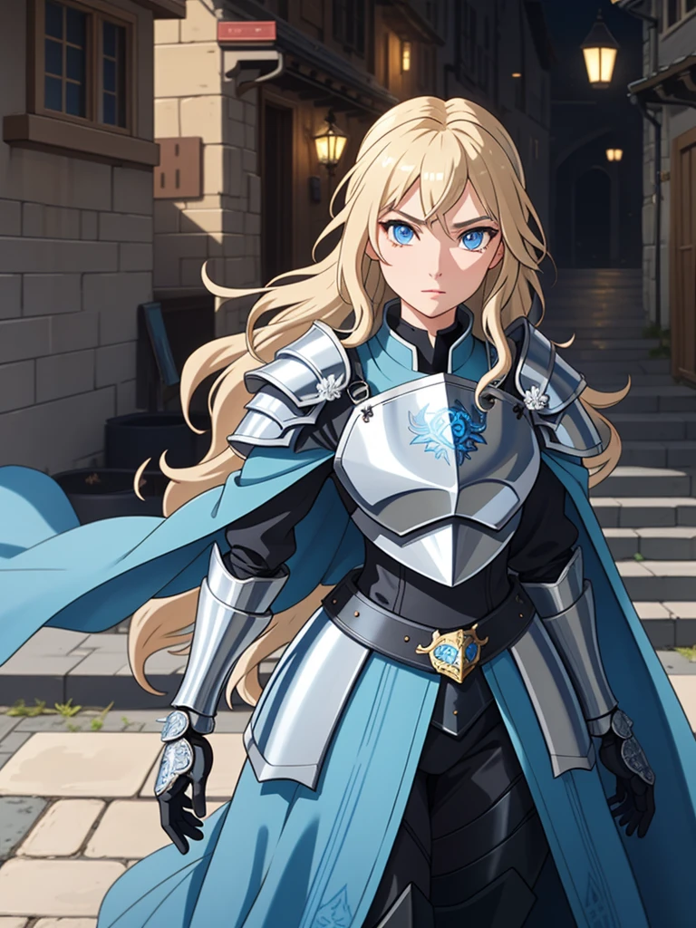 Create an anime-style female knight standing confidently in a medieval cobblestone street. She has long, wavy blonde hair, piercing blue eyes, and is clad in shiny silver and black armor, which is intricately detailed. Her armor includes a chest plate, gauntlets, and greaves, and she wears a flowing black cape. She holds a glowing blue sword in her right hand, which emits a soft light. The background depicts a medieval cityscape with tall buildings, narrow streets, and a soft light filtering through, adding a sense of depth and atmosphere to the scene. The character should exude strength and determination, with a slightly ethereal or heroic aura