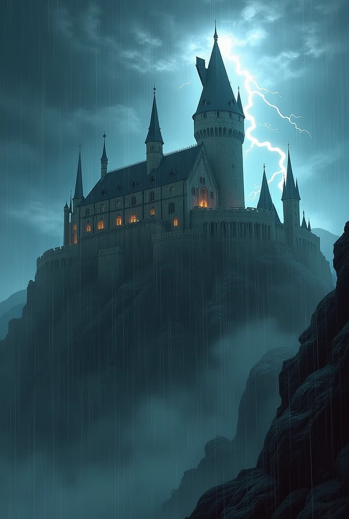 a castle with lightning and rain


