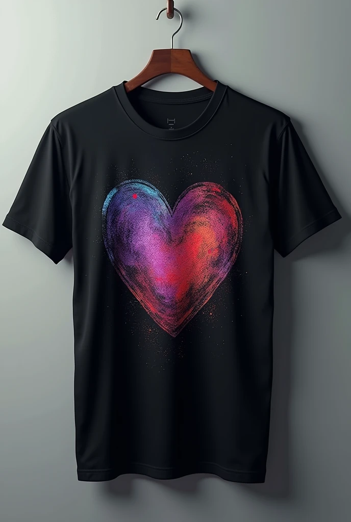 realistic image, of a print on a black t-shirt with an ink containing glitter-like particles with an iridescent effect of red colors, blue, violet. The printed t-shirt must be seen, The iridescent effect is only in the print and it can be seen that the change in tone is due to the change in tone is due to an optical phenomenon characterized as the property of certain surfaces in which the tone of the light varies according to the angle from which the surface is observed.