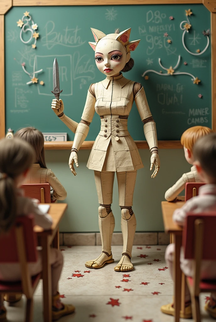 Miss Blomie made of paper, a paper teacher who has a blade instead of an arm that kills students who get low grades but DOES NOT kill those who get high grades but for no reason at all when she kills them a day later they REVIVE