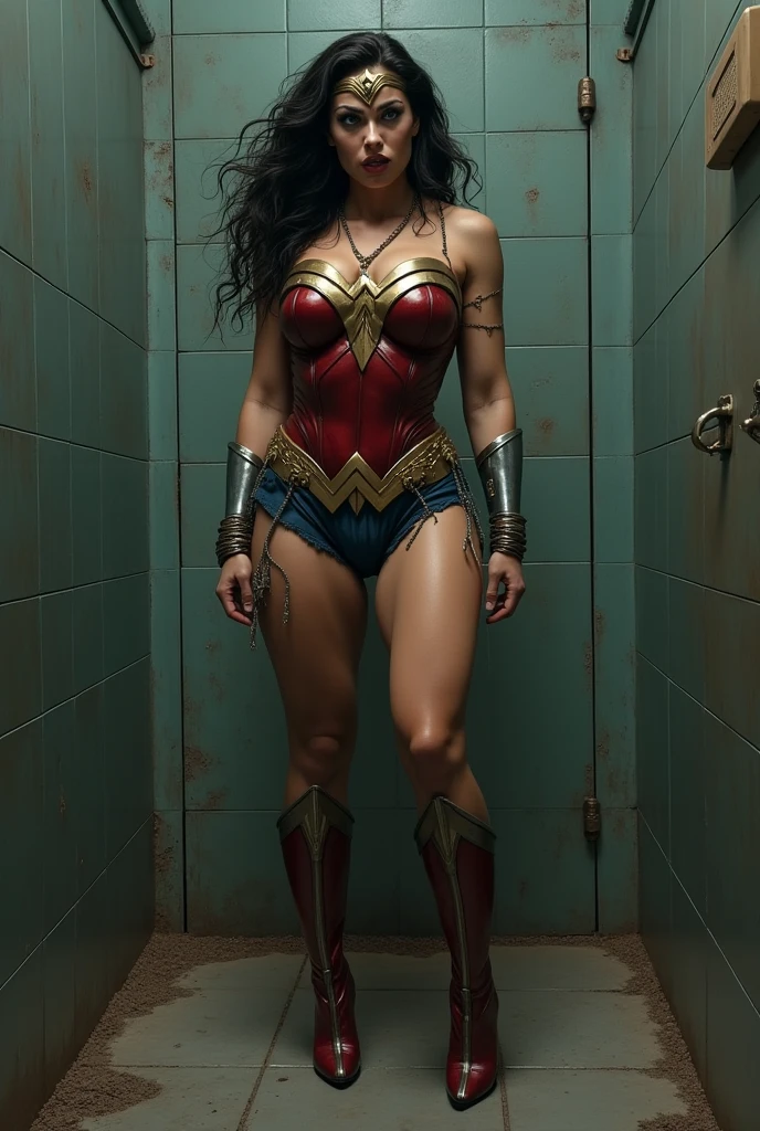 wonder woman , stiletto high heels, posando, commission for high res, Wonder Woman, Thick, thicc thighs!!!, fullbody! Expression of fear, expression of despair, terrified. Bondage, submission, tied with ropes. screaming in pain, suffering a lot, destroyed, HUMILIATED, captured and raped by bandits, raped, degraded, degrading, degradation, depravation. abandonned, torn garments, in the prison shower. forced into prostitution, forced into prostitution.