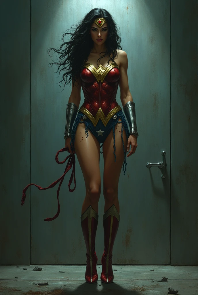 wonder woman , stiletto high  heels, posando, commission for high res, Wonder Woman,  Thick, thicc thighs!!!,  fullbody! Expression of fear, expression of despair, terrified. Bondage, submission, tied with ropes. screaming in pain, suffering a lot, destroyed, HUMILIATED, captured and raped by bandits, raped, degraded, degrading, degradation, depravation. abandonned, torn garments, in the prison shower. forced into prostitution,  forced into prostitution. 