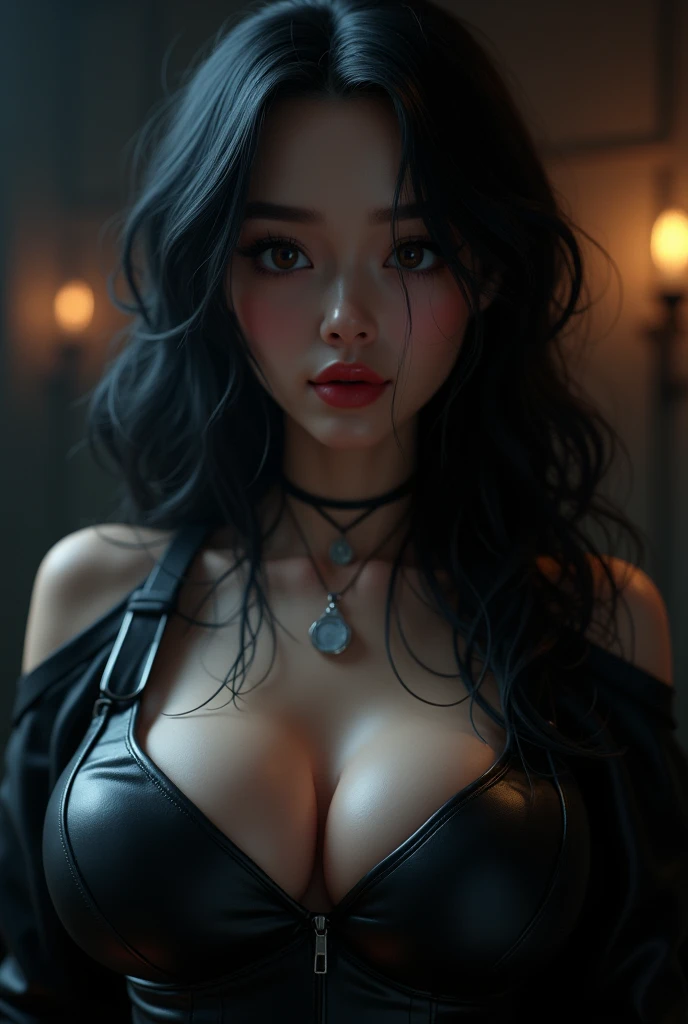 A cinematic composition of a mega buxom anime-style 3D render of a woman wearing black leather. She has beautiful, extremely detailed eyes, nose, and lips, with long eyelashes. Her skin texture is realistic, with a dramatic color grading. The background is dark and moody, with a chiaroscuro lighting. The image has a cinematic composition and a dark and moody atmosphere. The lighting is dramatic, with deep shadows.