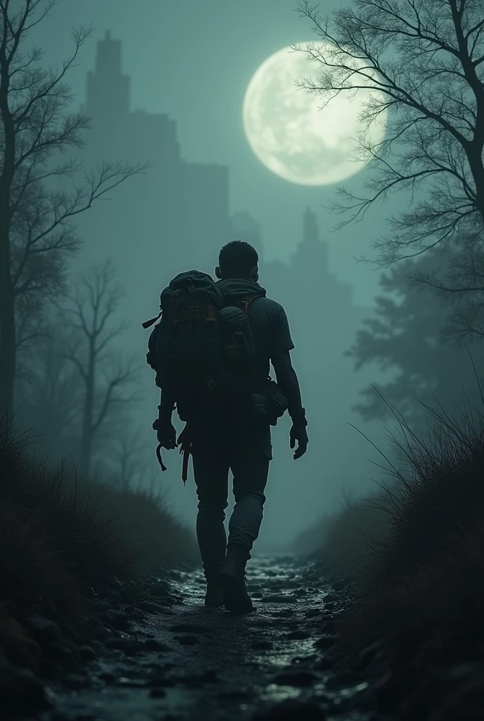 Create a realistic image of a wanderer journeying through the world with a large backpack, conveying an aura of adventure despite a dark and somber environment. Show the individual traversing through a mysterious, shadowy landscape—such as a dense forest shrouded in mist, a desolate, moonlit desert, or an abandoned, dimly lit cityscape. The wanderer should be depicted with a determined and resilient expression, equipped with gear that suggests a long journey. Include elements like rugged terrain, distant, barely visible landmarks, or ominous skies to enhance the sense of adventure amidst the darkness. Use muted colors and low, dramatic lighting to highlight the contrast between the wanderer's spirit of exploration and the foreboding surroundings.