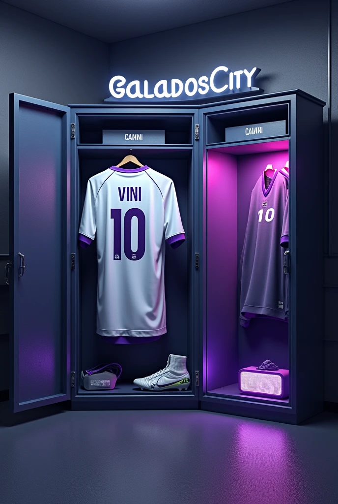 football locker room with a football player&#39;s cabin ( There should be no person in the image) In this cabin there will be a white shirt with purple details on the collar and sleeve. The shirt must be showing the back with the name VINI highlighted and the shirt number must be number 10., must have a pair of nike tiempo legend 9 cleats, the cabin at the top must contain the name of the club which is GALADOS CITY, next to the boots there should be a jbl speaker with rgb lights 