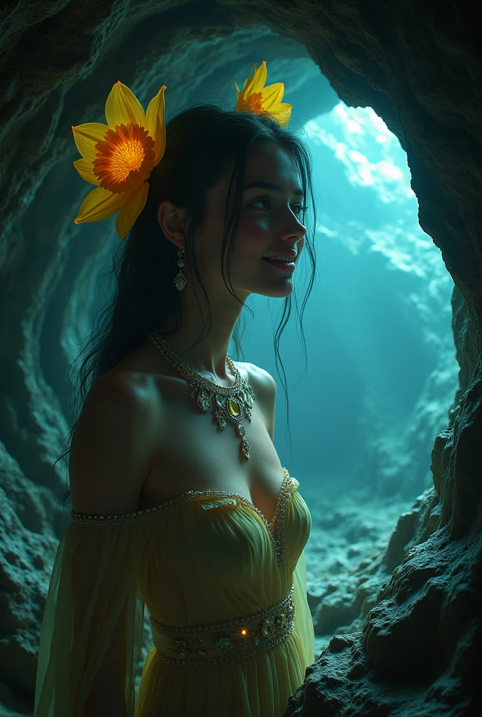 (best quality,8k,32k,masterpiece:1.2),daffodil girl welcomes you to her private cave,deep underground,underground,jewelry,clothed,sfw,atlantis,warm lighting,bioluminescence,smile,renata daninsky