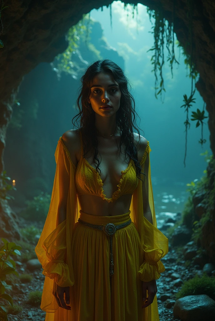 (best quality,8k,32k,masterpiece:1.2),daffodil girl welcomes you to her private cave,deep underground,underground,jewelry,clothed,sfw,atlantis,warm lighting,bioluminescence,smile,renata daninsky