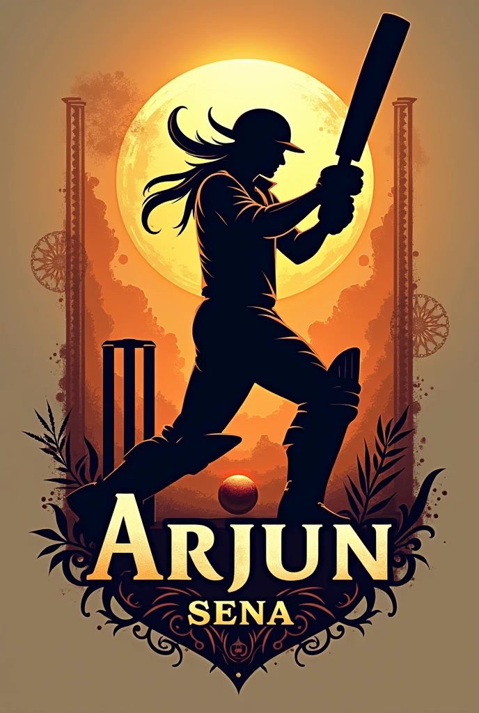 Create cricket team logo where team name is “Arjun Sena” using cricket equipment and relate with mahabharata