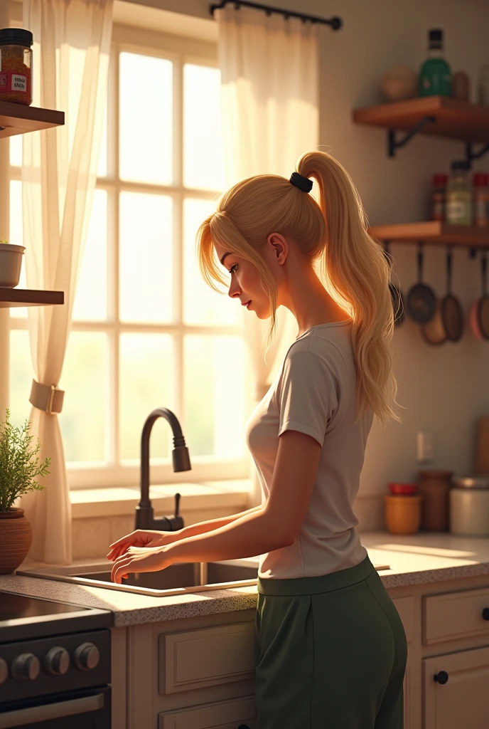 Kizi, age 25, blonde, hair in ponytail, profile view. Preparing food on the granite countertop next to the sink. It is facing the window, that lights up the kitchen. Flowing voile curtain. on the wall, spice racks, hanging utensils etc.. Looks happy.
