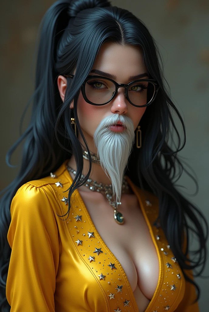 Free fire female character with black tail hair, with a white beard,all black glasses ,yellow blouse with sparkles 

