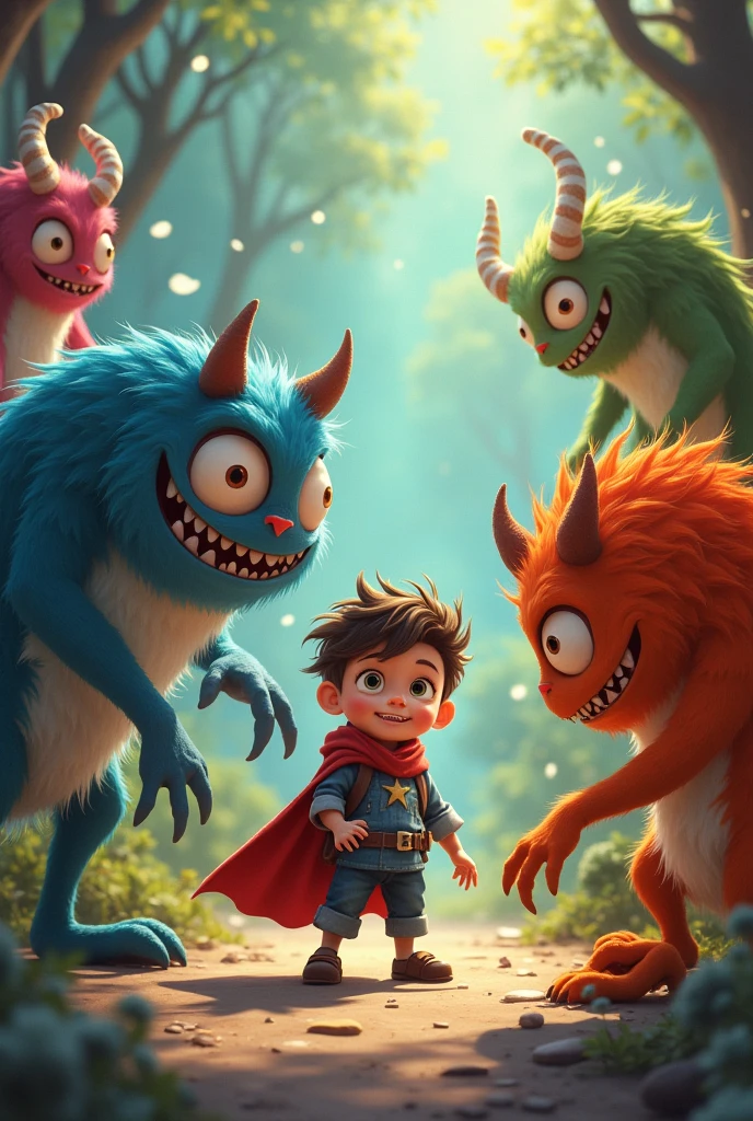 The cute little hero quarrels with the cute monsters