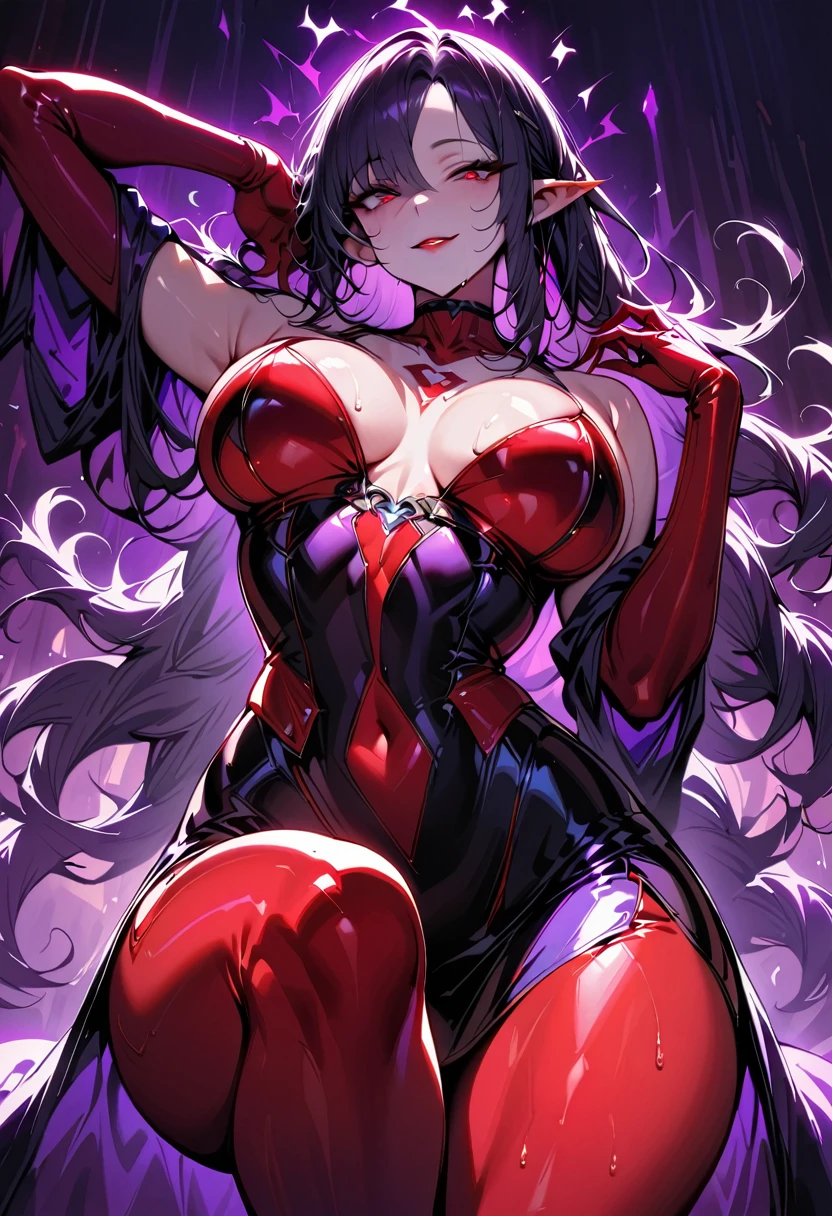 ung beautiful woman,(Highest quality,Extremely detailed depiction,Incredibly absurd high resolution,Anatomically accurate depiction,Curvy Legs),(Shiny skin,Porcelain-like skin),(Female vampire:1.5,Shiny latex:1.3),eyelash,Sweat,(Red Eyes,Vertically drawn pupils,Crazy Eyes,Large Breasts,A seductive smile,Glossy Red Lips,Flashy makeup,Shadowed face,Sensual pose,Half-closed eyes:1.3),whole body,Pointy Ears,