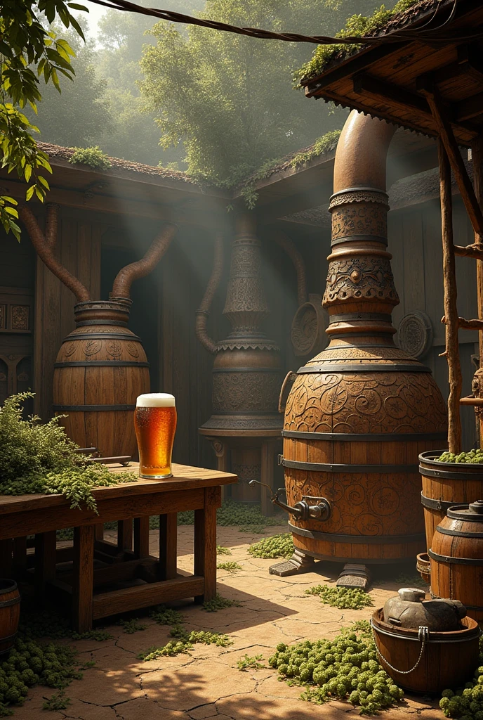 History of craft beer making machines with hops and barrels with indigenous god and mythological jaguars
