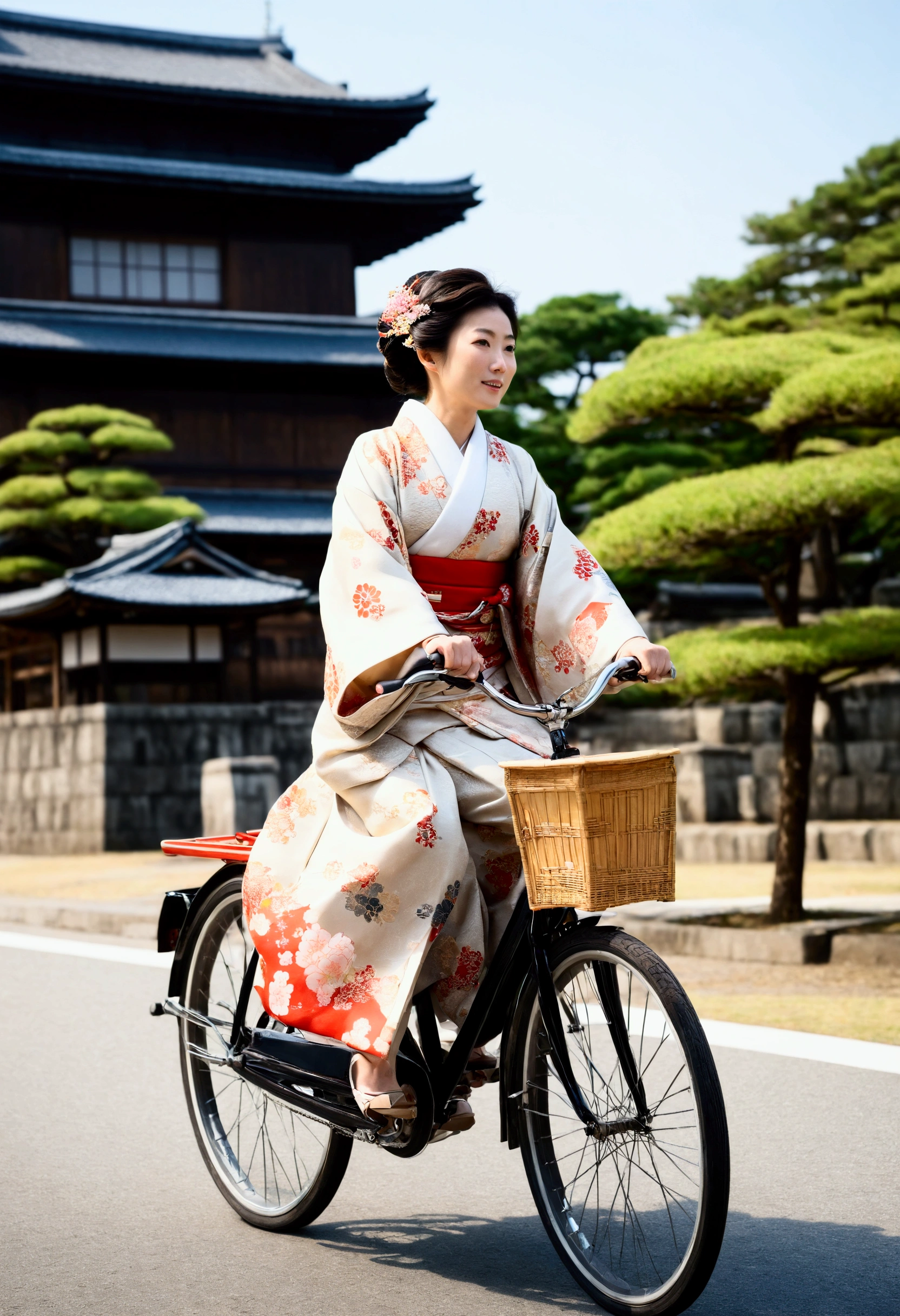 A woman wearing a kimono is riding a Japanese-style bicycle., Edo castle town, Detailed Description