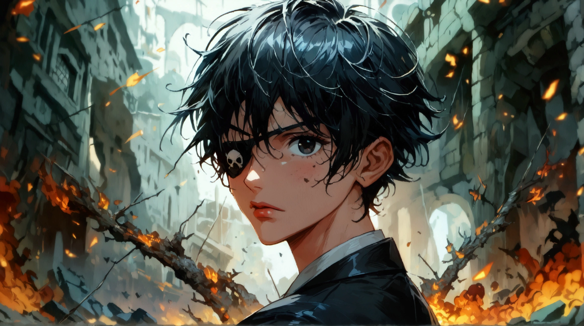 Man, short black hair, black eyes, eye patch, wearing black suit, lively expression, destruction scene, ((Intricate anime character design inspired by One Piece)), ((Stunning lighting)), ((Fine lines)), ((Stunning focus)), ((Centered character)), ((Stunning face)), ((Detailed focus)), ((Detailed background)), ((Ultra-fine 2D design)), ((Creative backdrop)), ((2D masterpiece)), ((Best quality)), ((8K anime style)), ((Full body))