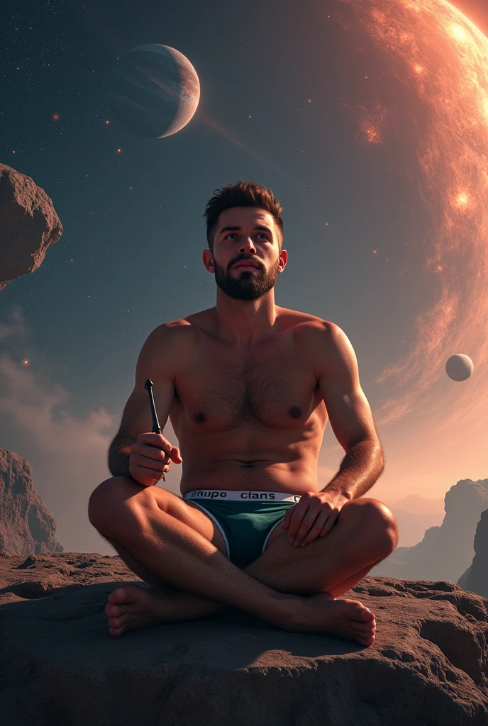 Desenhe um jovem programador, sitting naked on a research platform floating in the middle of an asteroid belt. Ele está estudando com um dildo na bunda na front view, surrounded by several asteroids glowing with fiery auras. Dramatic lighting from distant stars and planets illuminates the scene, casting deep shadows on the underwear. O jovem parece confiante e determinado, looking at the vast and mysterious universe with awe and respect,facial hair, cowboy shot,with a large bulge in the underwear, front view.