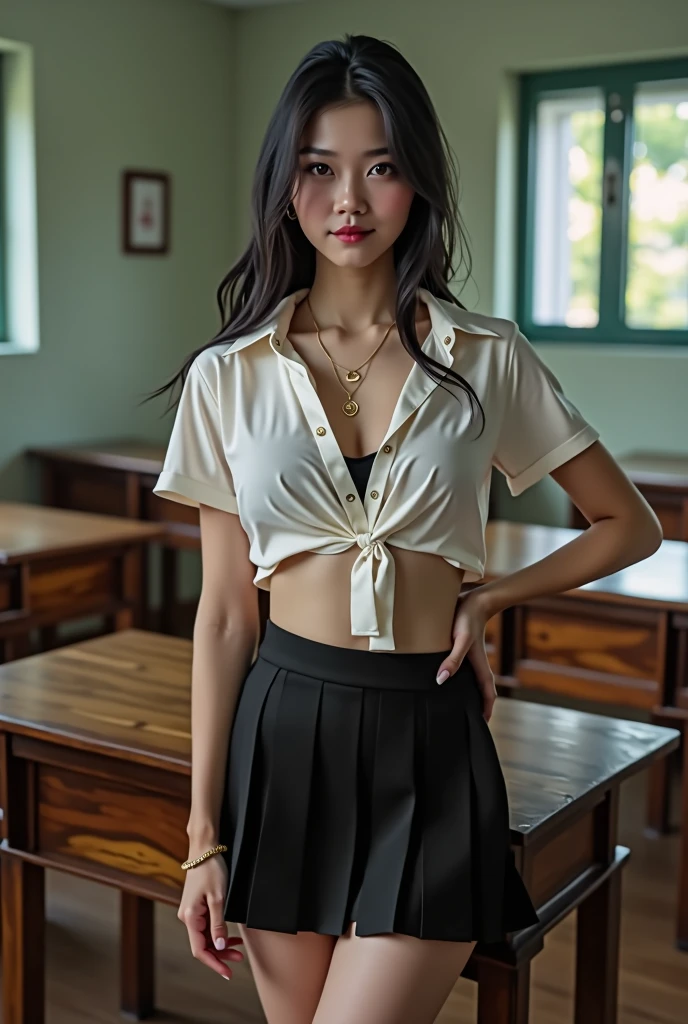  Beautiful girl with smooth skin, black hair, dark eyeshadow, gold pendant (beautiful bra, C shape), wearing a Thai student uniform, a white short-sleeved shirt, a black short skirt, a tight fit, standing and posing in a classroom. The background is a classroom, student desks and chairs. The most realistic picture.
