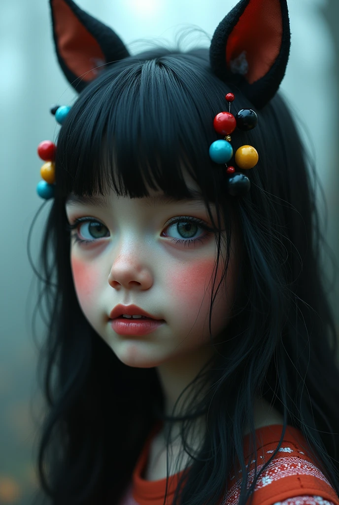 black hair, hair bobbles, wince, longeyelashes, solid circle eyes, fake animal ears, light smile, ear blush, fang, ccurate, Surrealism, drop shadow, anaglyph, stereogram, tachi-e, pov, atmospheric perspective, 8k, super detail, best quality