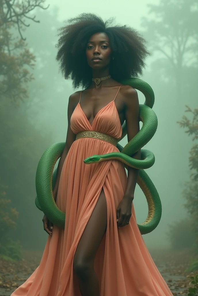 Black woman Orisha, peach colored dress, with a green snake wrapped around his arm in the middle of a fog