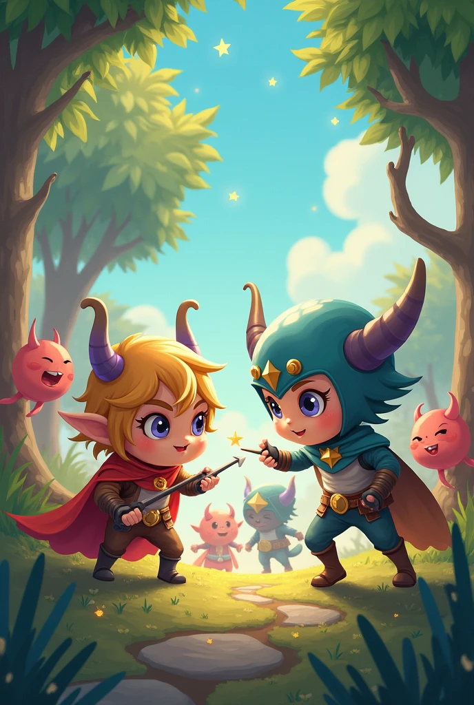 Cute little heroes quarrel with cute monsters