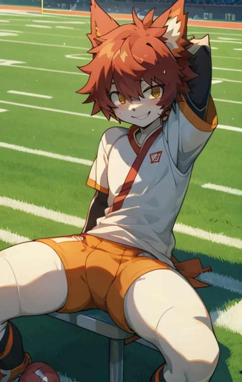 Aak,sit,masterpiece,on a football field,Anime style,4K HD style,Looking at the audience,Open your legs,Sweating,Smile