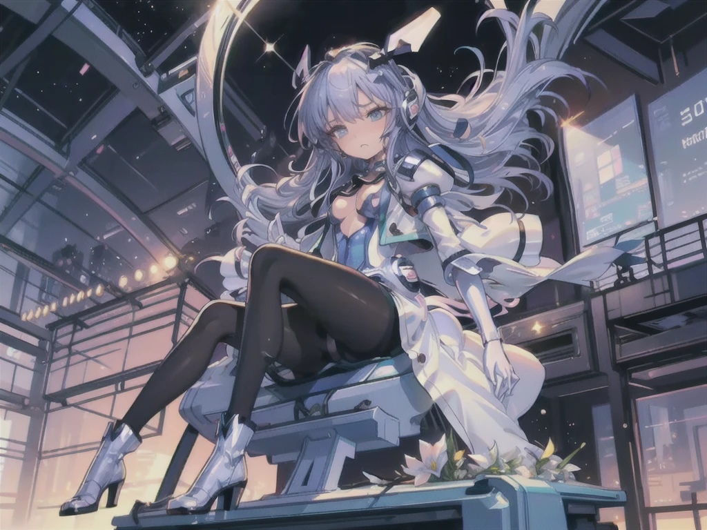 Highest quality，symphony_sugar,Light blue hair,Dark blue eyes,hair ornaments,Long Hair,White Long_gloves,light blue short dress,Black Pantyhose,High heels, ,Show me your boots，gloves，elegant, 1 person, cute, Blushed, Looking at the audience, From below, prison，Beautiful Eyes, Beautiful background, Particles of light, Light of the sun, Dramatic lighting, outside, Shiny, Realistic, Highest quality, Very detailed, Get used to it, scenery, Beautiful and detailed, Thin Hair，Full Body Shot，