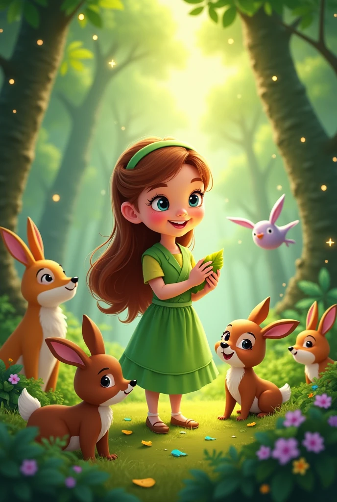 / imagine Elara caring for the forest, surrounded by happy animals and a glowing, magical atmosphere, symbolizing the enduring magic of friendship.
".""19.:6
cartoon character with green dress