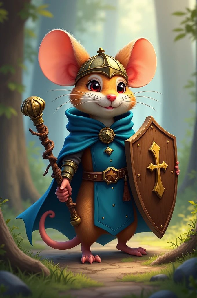 Make a Paladin Mouse for RPG, he uses a hazel shield, a sword made of a needle, and a helmet of branches, he wears a blue cape
