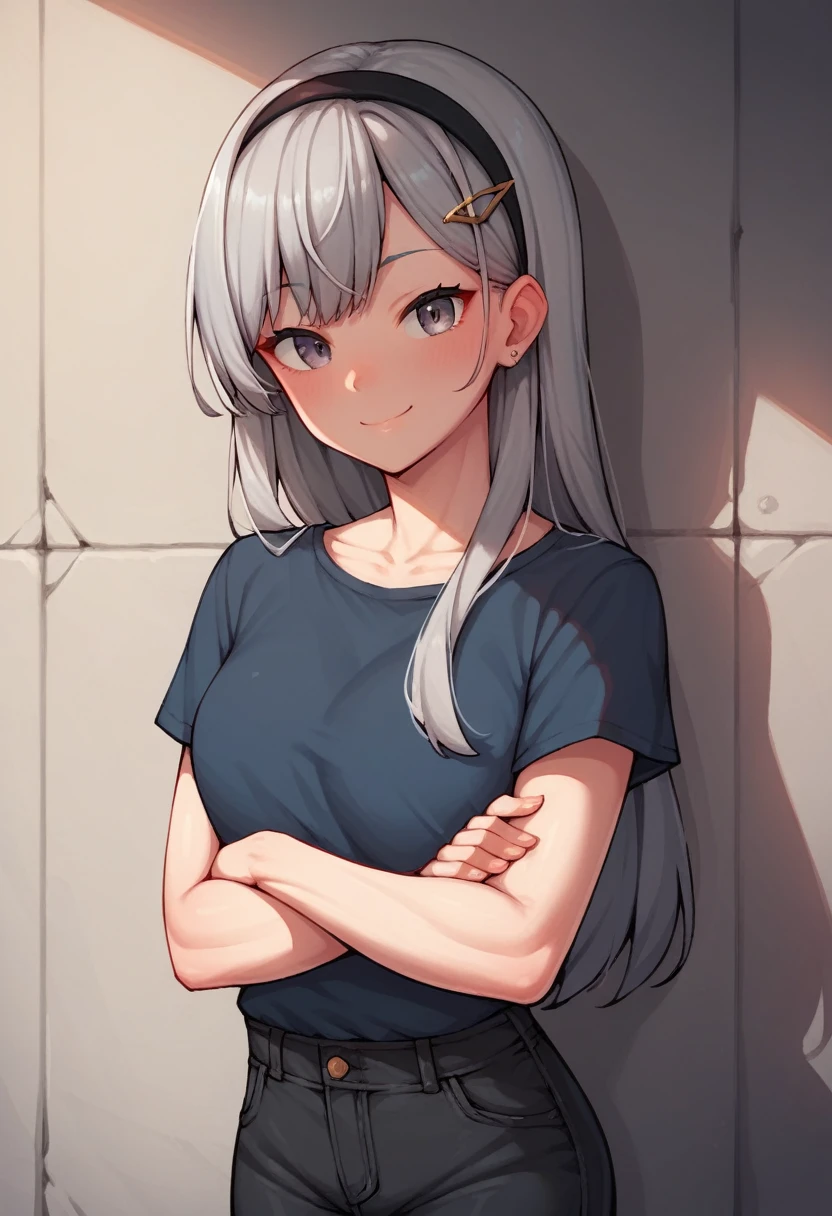 score_9, score_8_up, score_7_up, score_6_up, score_5_up, score_4_up, source_anime, 1girl,shenhedef, lower body, worth, smile, gray hair, hairband, hairpin gray eyes, long hair, dark blue shirt, black pants, crossed arms, wall, room, looking at the viewer, best quality, best res, 4K UHD,