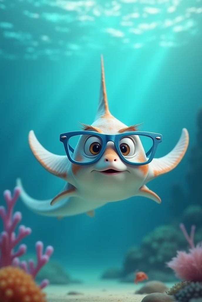 Simple, ray fish, wearing glasses,blue,ocean