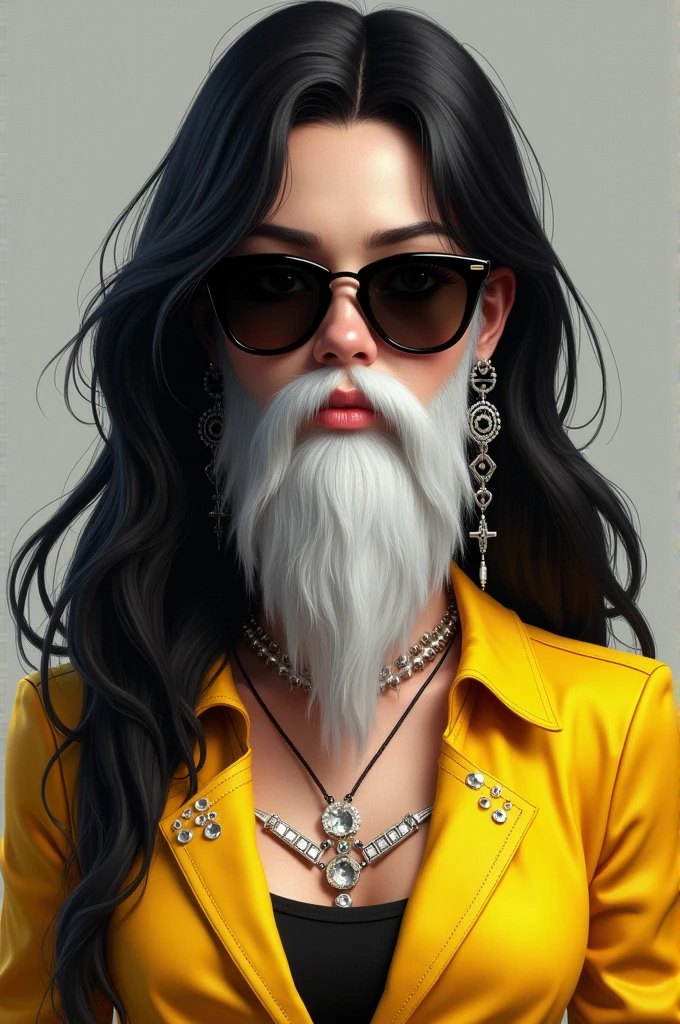 Free fire female character with black hair, with a white beard,all black glasses ,yellow blouse with sparkles 
