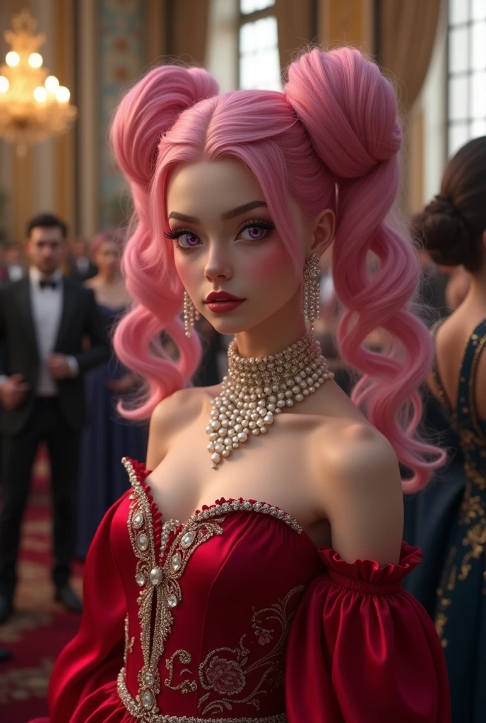 Pink Hair。Long twin tails with vertical rolls。Mysterious and magical purple eyes。Lady in a red dress。Pearl ornaments。Royal Ball。