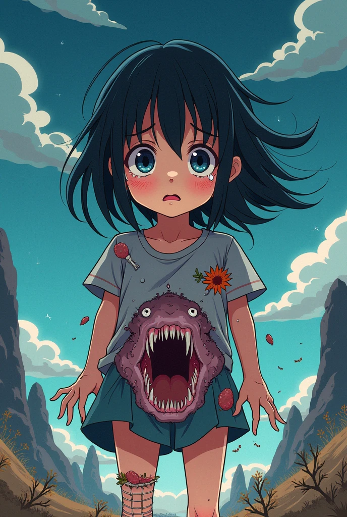 A girl's lower_body is transformed into a monster(Japanese anime style)(scared and crying)