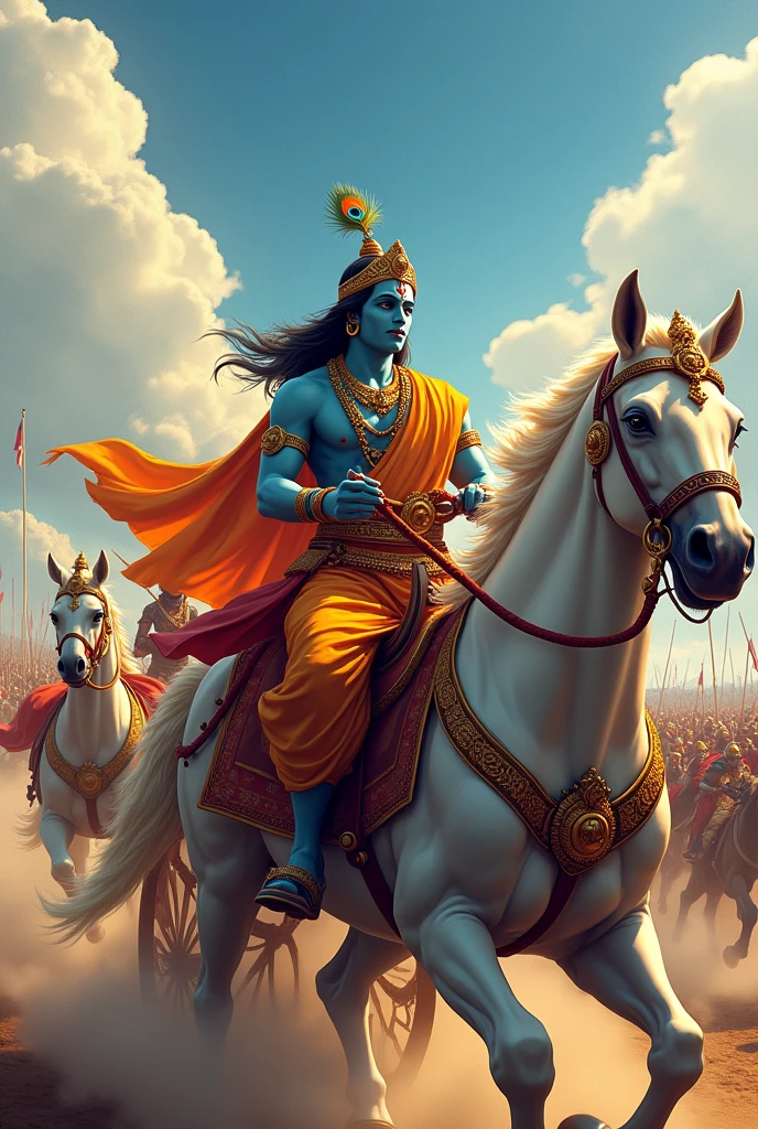 Krishna as a Charioteer in the Mahabharata:
"Create an anime-style image of Lord Krishna as a charioteer in the Mahabharata, guiding Arjuna. Krishna is wearing royal attire, including his peacock feather crown, and is holding the reins of the horses. The background shows the battlefield of Kurukshetra, with soldiers and chariots in the distance."