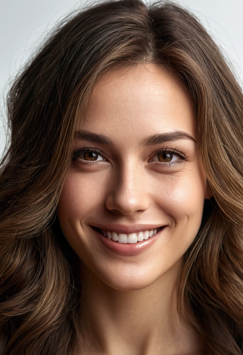 Photo portrait, visage parfait, semi-long hair, smiling seductively, (Texture de la peau:1.1), (very detailed face:1.1), (head of'artwork), (realistic), ultra high definition, 4K, ultra haute résolution, grain de film, Cinematic lighting, natural lighting, image brute