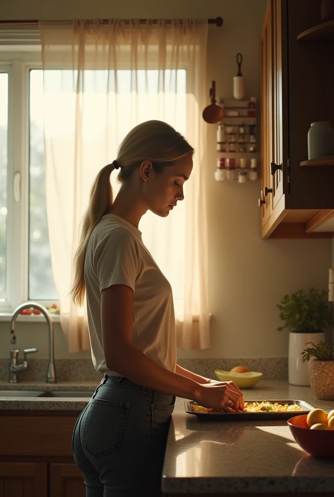 Kizi, age 25, blonde, hair in ponytail, profile view. Preparing food on the granite countertop next to the sink. It is facing the window, that lights up the kitchen. Flowing voile curtain. on the wall, spice racks, hanging utensils etc.. Looks happy. Filtro Foggy. style of photographer David Hamilton.