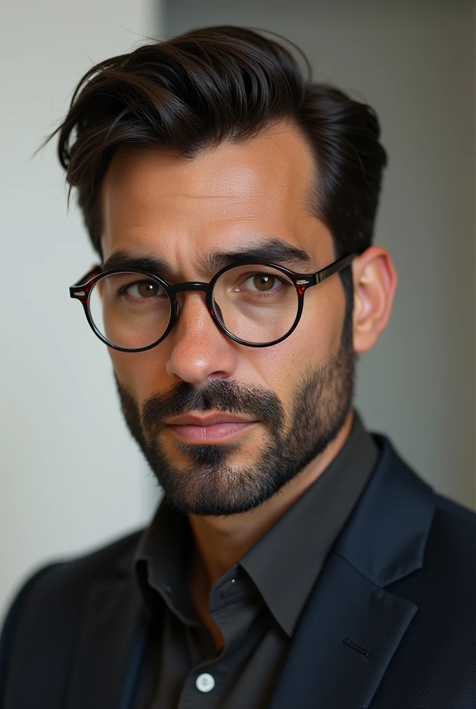 tall man with rounded glasses with a well-groomed beard and short dark hair quite attractive