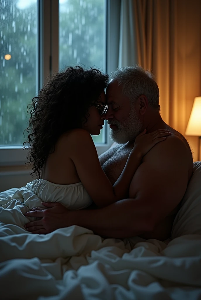 (photorealism:1.2), Beautiful dark skinned woman with Curly hairs and eye glasses, Lying Nude on Bed covered in Bed sheets, Making Love with a Fat Old Man on bed, Dim light in the room, Rain pouring outside the window.