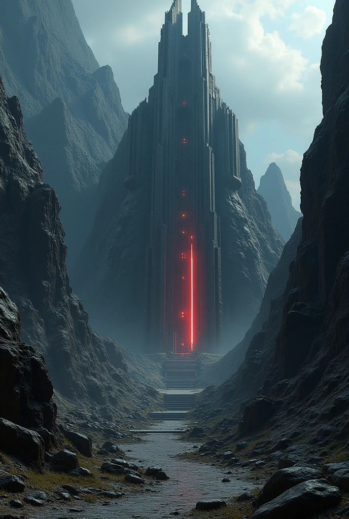 ancient Sith temple from Star Wars, on top of a dark mountain, there are books and graves of important dead Sith, majestic, dark atmosphere, frightening, scary, red lightsaber, ultra-realistic
