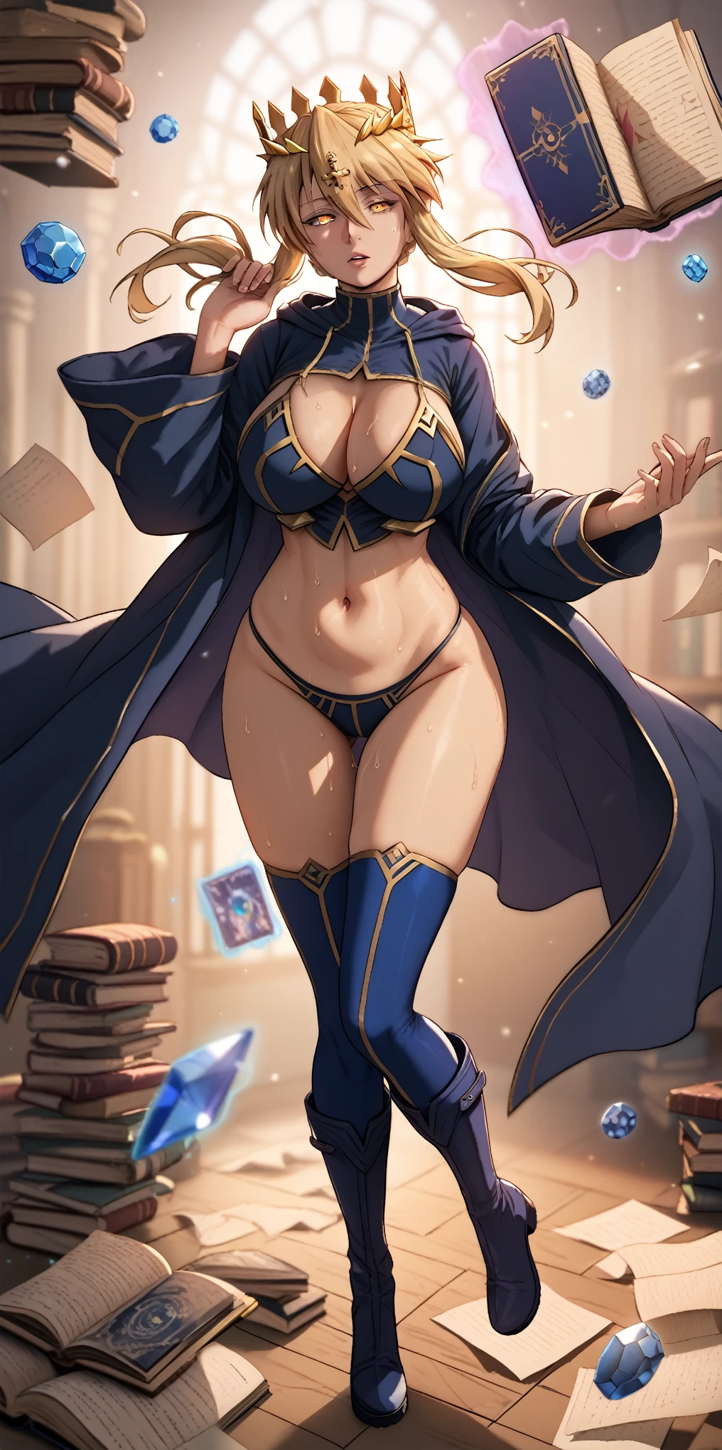 score_9, score_8_up, score_7_up, score_6_up, uncensored, score_9, score_8_up, score_7_up, score_6_up, uncensored, (24yo girl:1.1), strong milf, Artoria Pendragon Lancer, long hair, blonde hair, yellow eyes, sidelocks, single hair bun, french braid, crown, BREAK detailed eyes, (perfect hands, perfect anatomy), detailed skin texture, (blush:0.5), (goosebumps:0.5), subsurface scattering, cinematic, Sharp focus, humorous illustration, big depth of field, Masterpiece, concept art, trending on artstation, Vivid colors, Simplified style, trending on ArtStation, trending on CGSociety, Intricate, Vibrant colors, Soft Shading, Simplistic Features, Sharp Angles, Playful, excessive sweating, sweating profusely, sweating drop BREAK, large breasts, 1girl, solo, breasts, looking at viewer, full body, thighs, boots, groin, book, thigh gap, gem, floating, wide hips, open book, magic, floating object, bare hips, messy room, paper, spotlight, cropped hoodie, black bikini, long sleeves, floating book, hollow eyes,