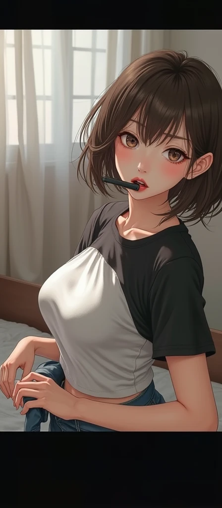 (realistic photo:1.2), a japanese girl, Alone, Beautiful girl, fresh beauty, perfect face, sh(masterpiece, of the highest quality:1.4), (beautiful, beautiful, perfection, delicate, complex:1.2), (Written Edge Depth:1.2), 1 girl, (Beautiful, adorable), perfection female form, perfection face, double eyelid, bright pink lips, expressive eyes, seductive face, Light brown hair, short hair, Huge natural breasts:1.3, narrow waist, abdomen, belly button, (sexy look:1.4),
BREAK,
black t-shirt, roll,
BREAK,
white lace sexy underwear,
BREAK,
roll your T-shirt and put it in your mouth,
BREAK,
(((standing))), bedroom, Next to the bed, cowboy shot, (since before)