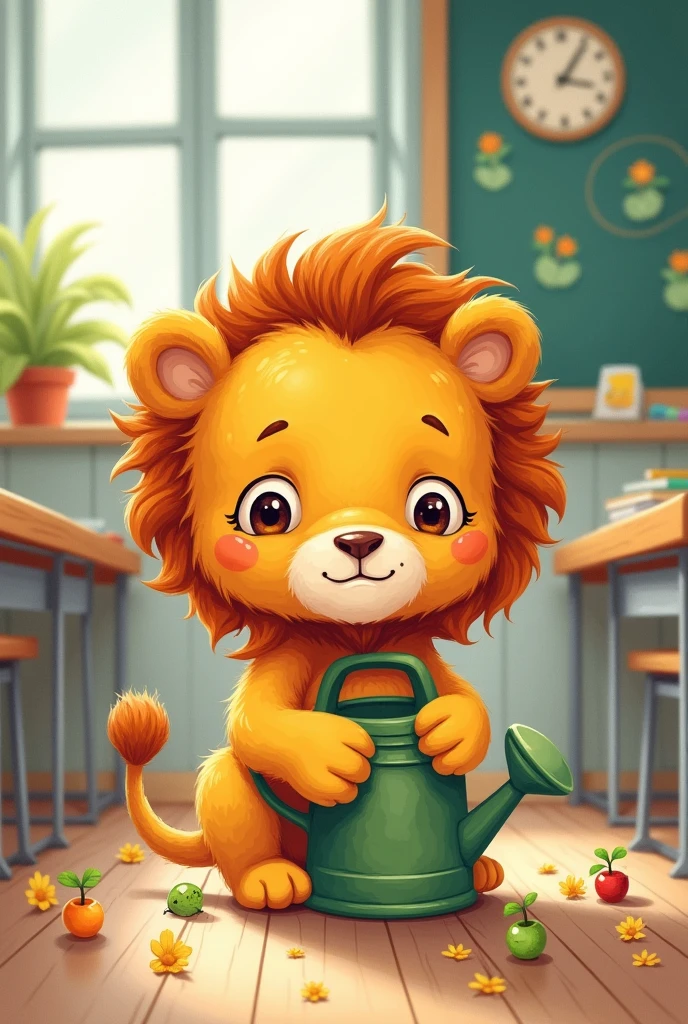 Baby lion with watering can in school class drawn childishly more
