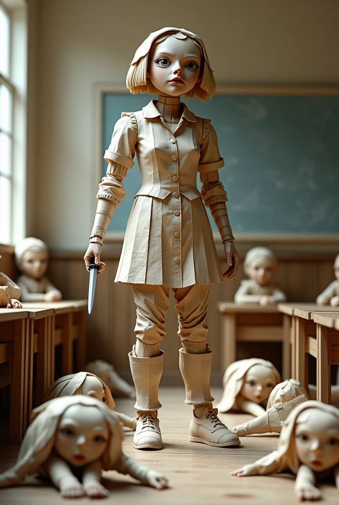 Miss Blomie made of paper, a paper teacher who has a blade instead of an arm that kills students who get low grades but DOES NOT kill those who get high grades but for no reason at all when she kills them a day later they REVIVE