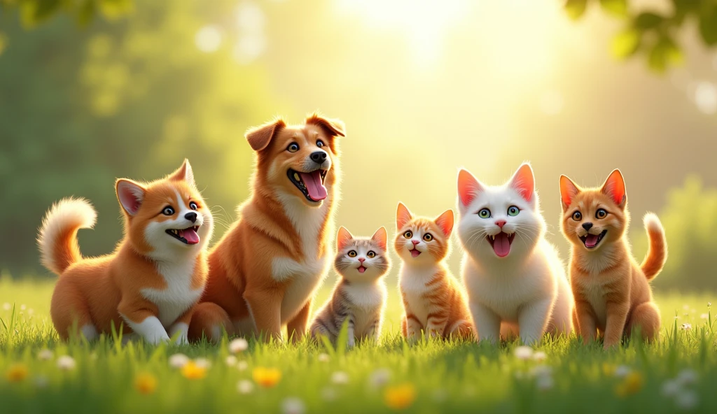 bright morning Light, meadow setting, animals, three dogs (playful_and_interacting_naturally), five cats (agile_and_active), detailed features, (Realistic fur, eyes, ears, and tails), joyful interaction, animals playing together, showing camaraderie and happiness, various playful poses, joyful expressions, ultra-realistic, high-quality visuals, precision in rendering individual strands of fur, whiskers, and blades of grass, landscape orientation, wide scene capturing the group of animals and the surrounding meadow, soft morning light, bright, soft light highlighting the animals and setting without harsh shadows, calm, peaceful, joyful mood evoking tranquility and happiness., realistic, realism, UHD, masterpiece, accurate, anatomically correct, super detail, high details, high quality, award winning, best quality, highres, HD, 4K