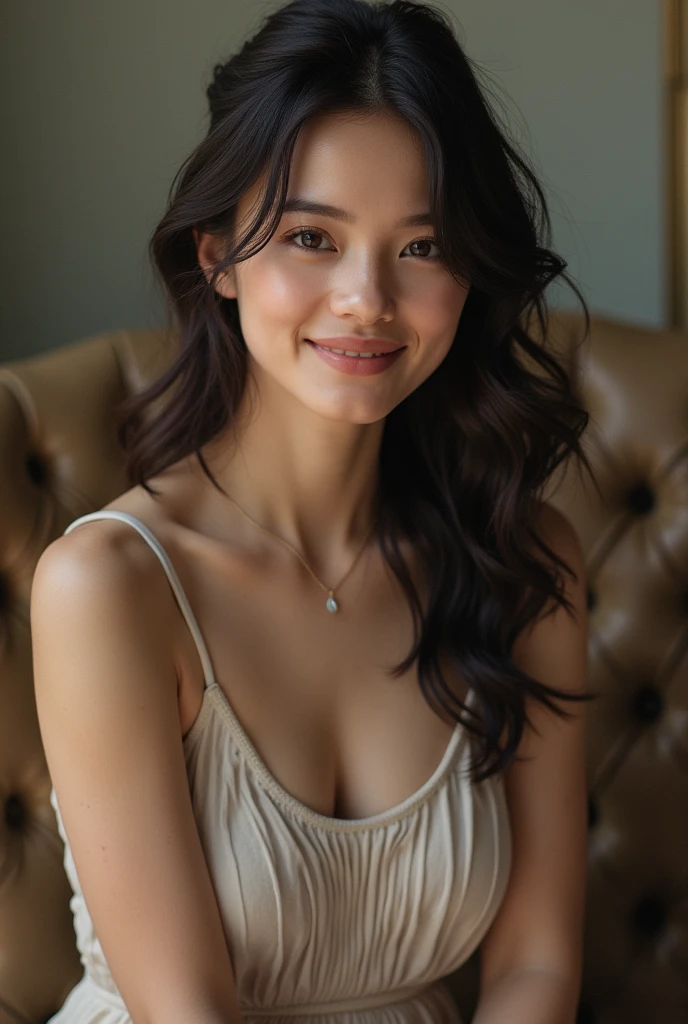 Photo réaliste, ultra détaillée, femme brune foncé, assise sur une chaise, regard face a la caméra et symetrique, atmosphere calme et joyeuse, tenue classique