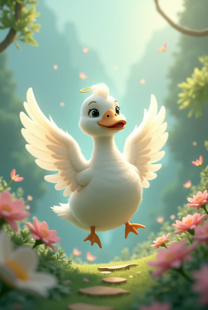 White duck that died, called Pepe in paradise with angel wings 