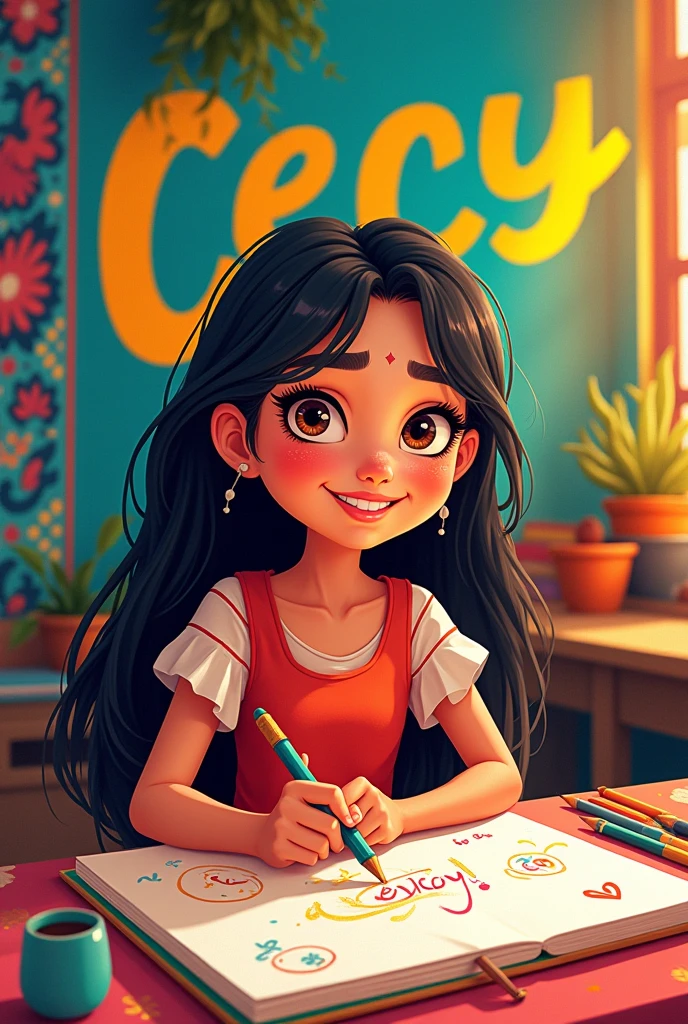 Mexican animated girl drawing with name Cecy in Mexican colors
